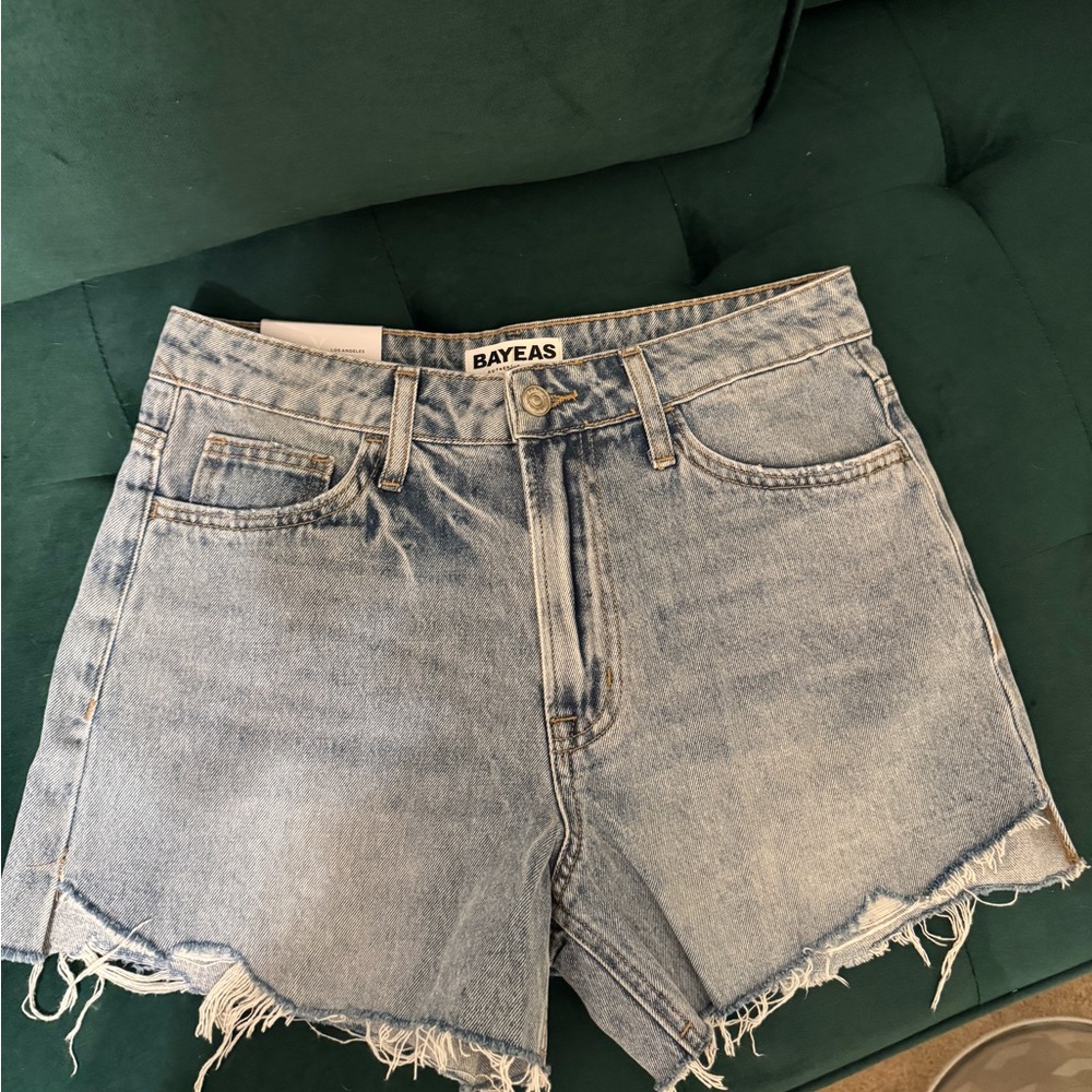 Blue Distressed Jean Shorts with Raw-Edge Hem